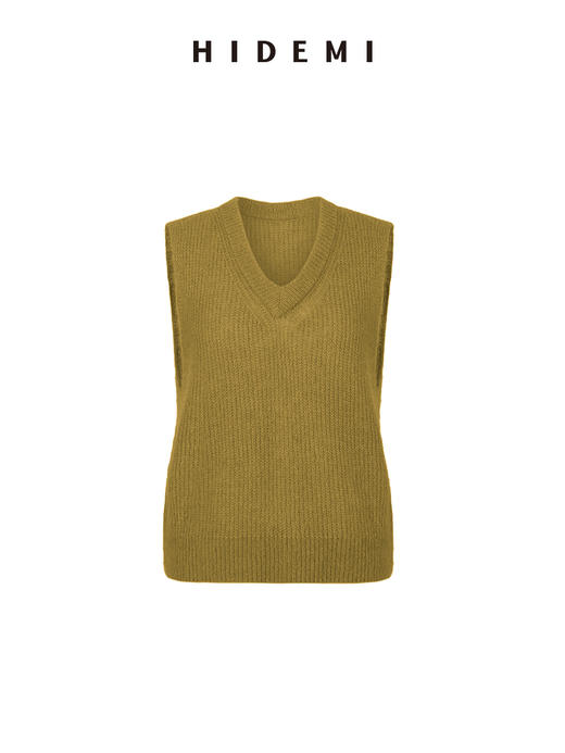 HIDEMI 南非初生马海毛粗针V领毛衣背心 橄榄绿/天空蓝 商品图6