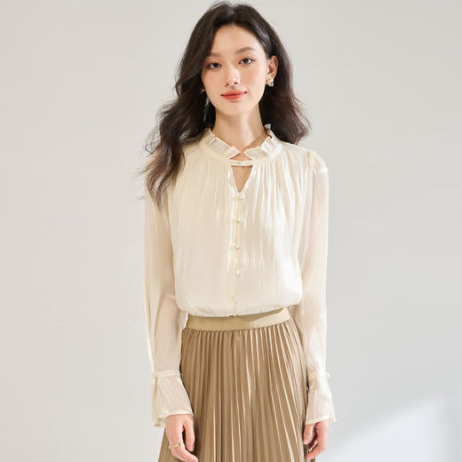 「高货sh」全新升级【铂金会员220/天猫289/差价69】(95921)洛诗琳珠光木耳边衬衫2025秋季法式优雅设计感喇叭袖上衣 商品图2
