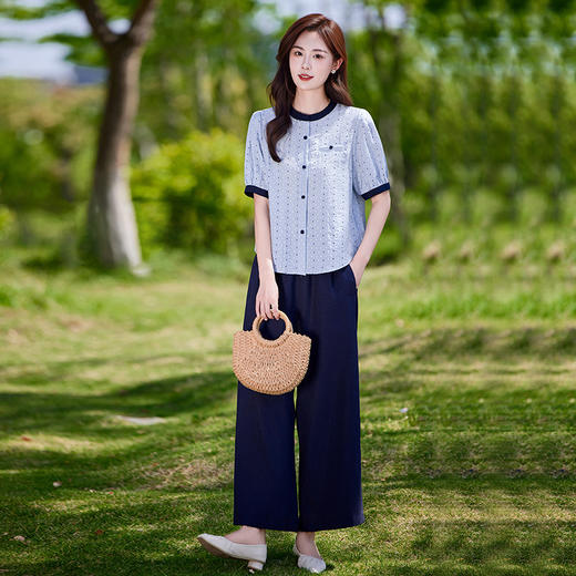 时尚气质套装2025夏新款中年妈妈休闲宽松短袖衬衫阔腿裤两件套 LYIGE2540T 商品图1