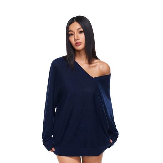 FDR旗舰店 亲肤柔软V领羊毛针织衫女秋季蝙蝠袖宽松长袖打底上衣 商品图1