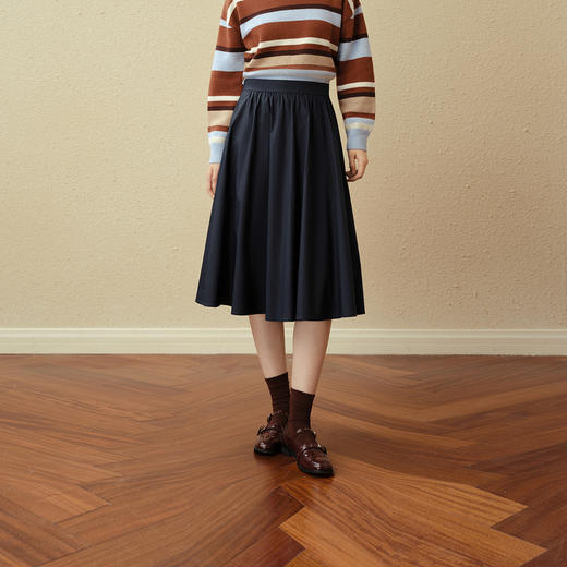 【严选】诗凡黎藏青高腰A字半身裙2025秋新款赫本风气质通勤显瘦百搭伞裙7G8140501 商品图0