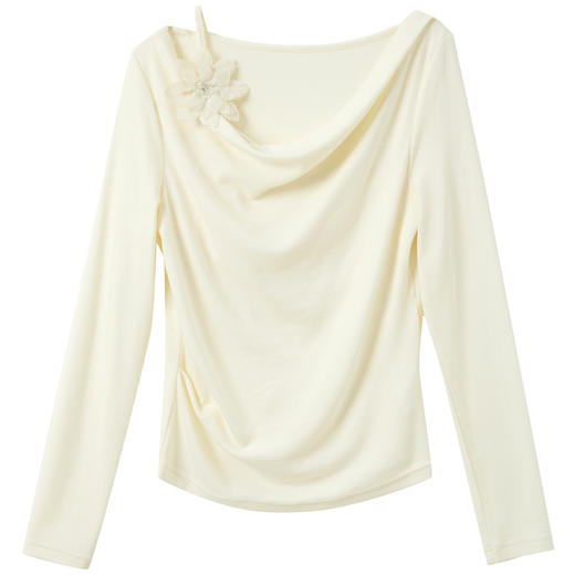 三彩【杏花微雨】2025秋季新款荡领T恤立体花朵长袖修身中式C 商品图4