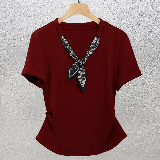 【129元2件】法式高级轻奢大牌配丝巾正肩凉感棉短袖T恤 显瘦遮肚独特潮流上衣 商品图10