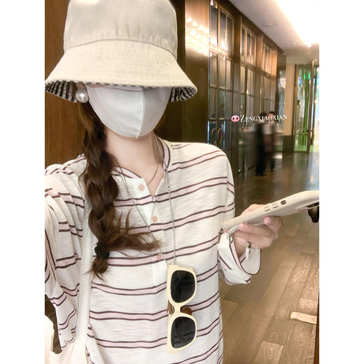 <曾小咸推荐>新款轻薄慵懒风条纹长袖T恤上衣 商品图10