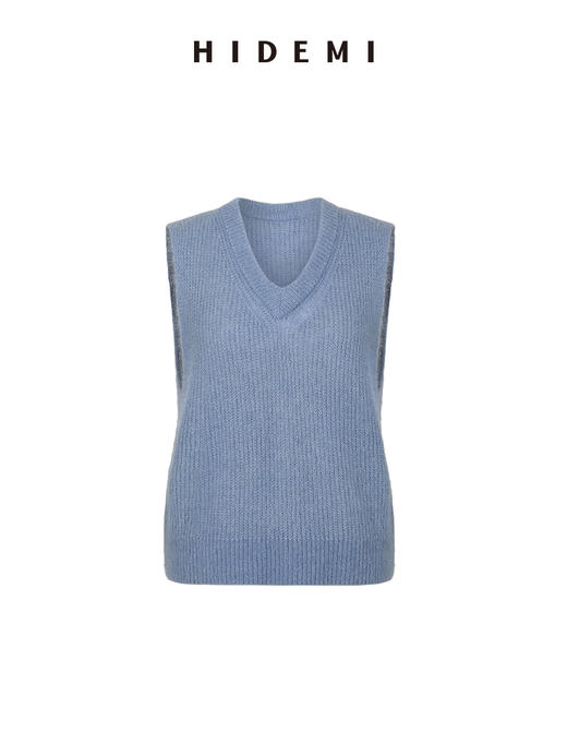 HIDEMI 南非初生马海毛粗针V领毛衣背心 橄榄绿/天空蓝 商品图5