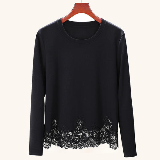 「自j」全新升级【铂金会员119/天猫159/差价40】(00034)洛诗琳设计感蕾丝拼接长袖T恤2025秋季新款百搭圆领显瘦上衣 商品图3