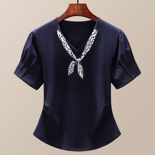 【129元2件】法式高级轻奢大牌配丝巾正肩凉感棉短袖T恤 显瘦遮肚独特潮流上衣 商品图2