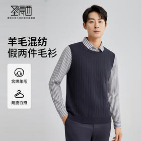 【含绵羊毛】圣得西假两件毛衣2025秋季新款男衬衫领套头条纹针织衫