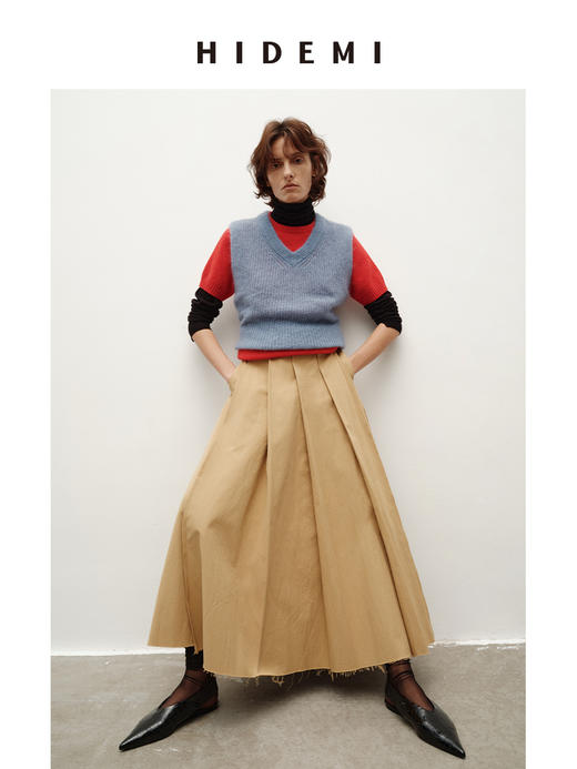 HIDEMI 南非初生马海毛粗针V领毛衣背心 橄榄绿/天空蓝 商品图2