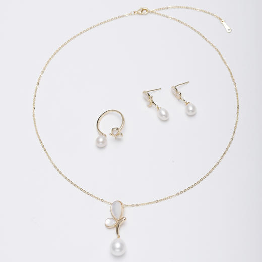 ZQ990901淡水珍珠水滴珠金色白贝单边蝴蝶三件套6-10mm 商品图1