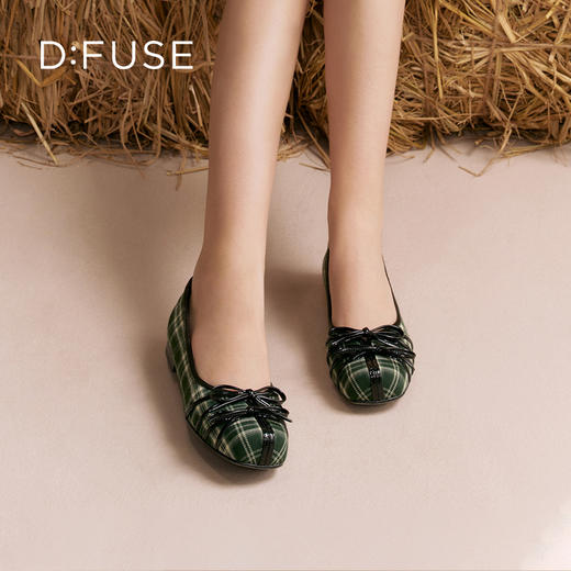 Dfuse迪芙斯2025秋季新款华夫饼法式浅口单鞋复古格纹蝴蝶结芭蕾鞋平底鞋DFD3111018 商品图1