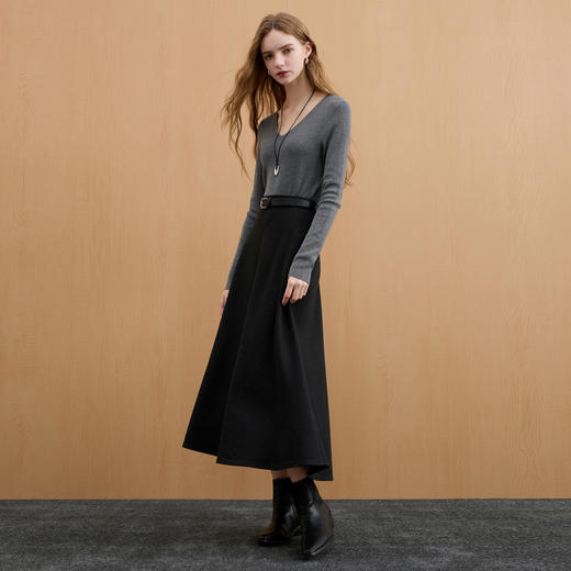 三彩2025冬季新款简约松紧高腰半身裙气质通勤A字裙长裙大摆M 商品图1
