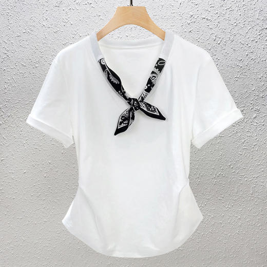 【129元2件】法式高级轻奢大牌配丝巾正肩凉感棉短袖T恤 显瘦遮肚独特潮流上衣 商品图9