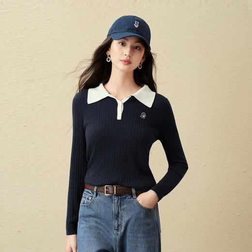 【严选】诗凡黎经典Polo领绞花针织衫2025秋新款修身显瘦休闲百搭长袖上衣7G7332181 商品图0