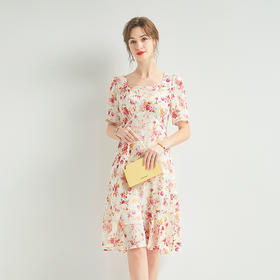 「高货kbnq」全新升级【铂金会员441/天猫589/差价148】(00219)洛诗琳法式气质方领真丝连衣裙2025夏季收腰优雅印花裙