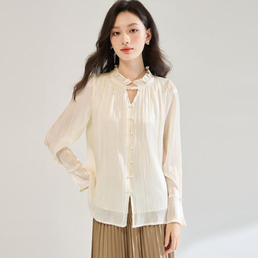 「高货sh」全新升级【铂金会员220/天猫289/差价69】(95921)洛诗琳珠光木耳边衬衫2025秋季法式优雅设计感喇叭袖上衣 商品图3