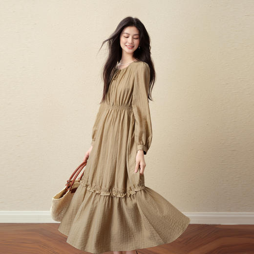 【严选】诗凡黎莱赛尔肌理感气质连衣裙25秋新款打揽收腰系带圆领长袖裙子7G8190771 商品图0