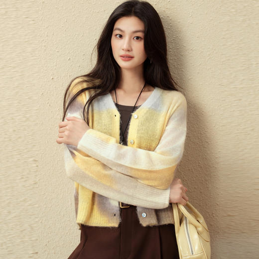 【严选】诗凡黎浪漫法式奶油黄晕染针织开衫2025秋新款优雅温柔软糯上衣女7G7332121 商品图2