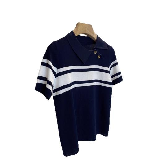 老渠道货T恤！！柜上1k，夏季轻薄POLO领斜门襟条纹针织T恤上衣女款！ 商品图4