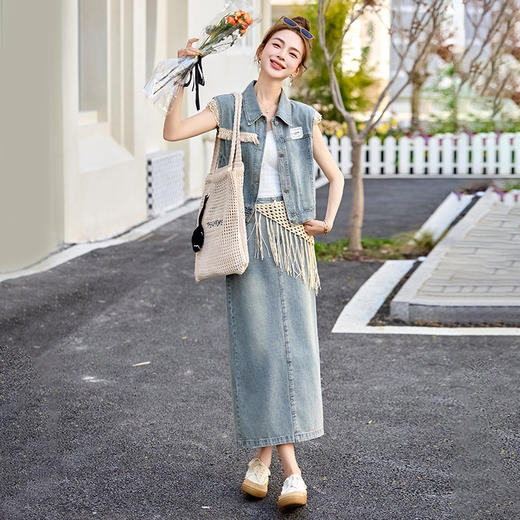 时尚牛仔半身裙套装女夏季2025新款流行爆款减龄漂亮连衣裙两件套ZAI66632Q 商品图1