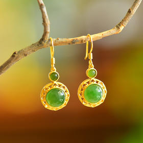 【预售3天】复古碧玉耳坠耳饰925银镀金色古纹镶嵌天然和田玉耳环玉石耳钩12186-6