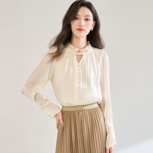 「高货sh」全新升级【铂金会员220/天猫289/差价69】(95921)洛诗琳珠光木耳边衬衫2025秋季法式优雅设计感喇叭袖上衣 商品图1