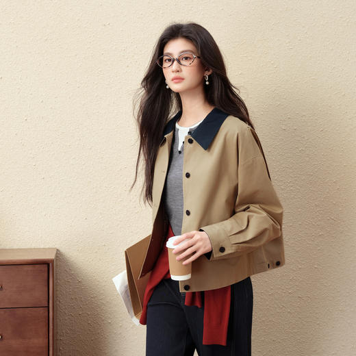 【严选】诗凡黎经典巴恩风撞色翻领短款风衣2025秋新款英伦感宽松休闲外套7G8160261 商品图2
