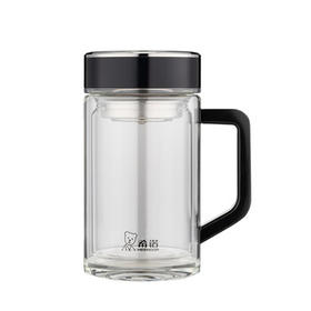 希诺双层玻璃杯带把手高档泡茶杯子男家用办公透明水杯XN-6723 450mL