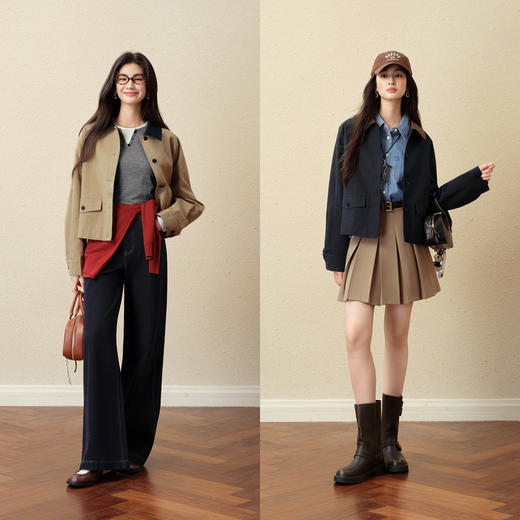 【严选】诗凡黎经典巴恩风撞色翻领短款风衣2025秋新款英伦感宽松休闲外套7G8160261 商品图1