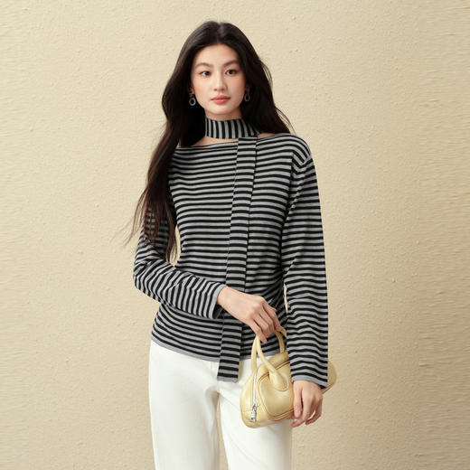 【严选】诗凡黎经典条纹飘带针织衫2025秋新款收腰修身显瘦百搭长袖打底衫7G8131021-1 商品图0