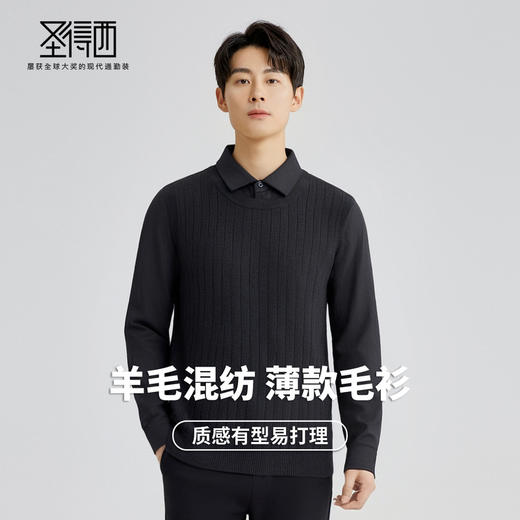 【含绵羊毛】圣得西假两件毛衣2025秋季新款男衬衫领套头条纹针织衫 商品图2