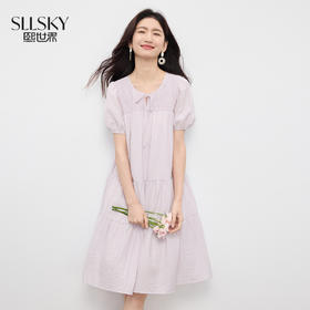 【专属特价】熙世界法式淡人风圆领连衣裙女夏日新款宽松泡泡袖紫色A字蛋糕裙