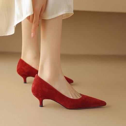 【预售5天】里外全皮女鞋细跟尖头浅口羊翻皮单鞋韩版简约复古中跟鞋通勤鞋NDXC&6511 商品图2