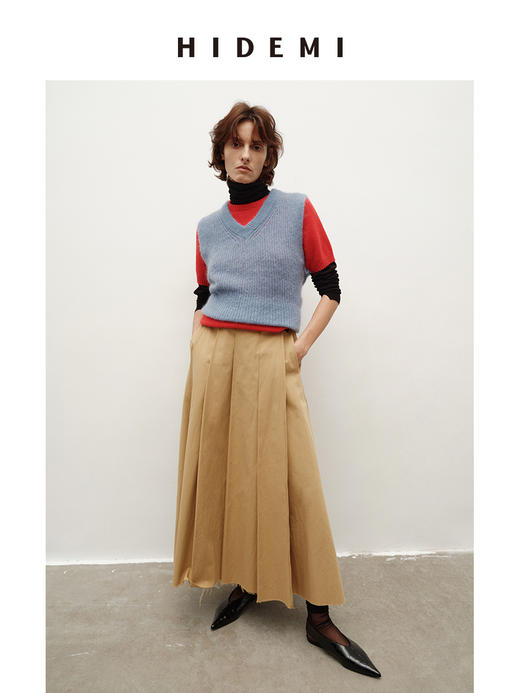 HIDEMI 南非初生马海毛粗针V领毛衣背心 橄榄绿/天空蓝 商品图1