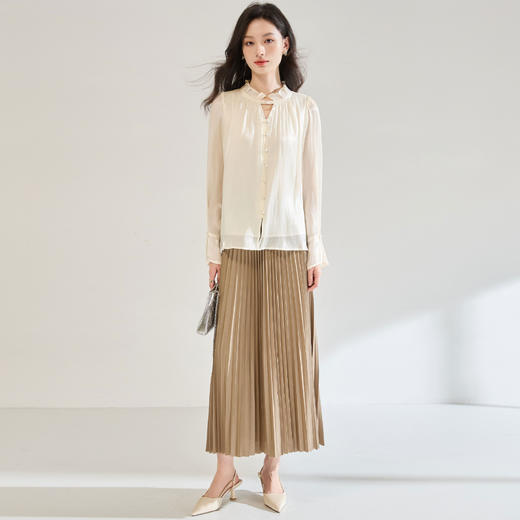 「高货sh」全新升级【铂金会员220/天猫289/差价69】(95921)洛诗琳珠光木耳边衬衫2025秋季法式优雅设计感喇叭袖上衣 商品图4