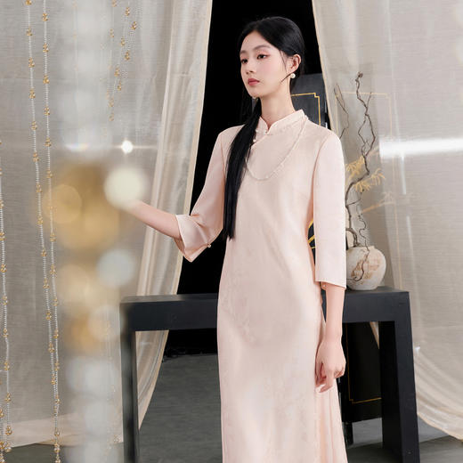 三彩【浮光织影】2025秋季新款提花连衣裙七分袖斜裁长裙中式C 商品图2