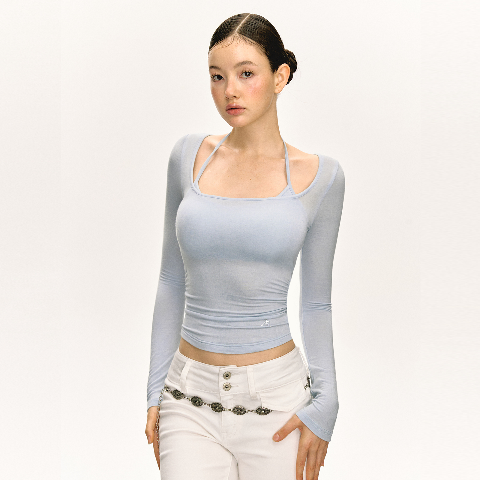 Ariseism 美式设计感假两件长袖T恤女春季新款打底修身短款上衣