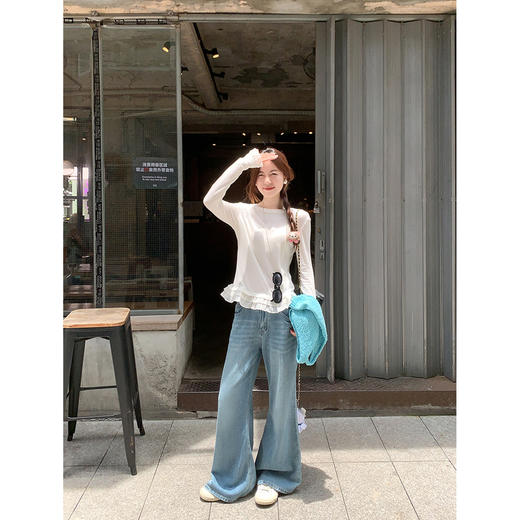 <曾小咸推荐>韩系修身2色下摆花边长袖T恤女 商品图4