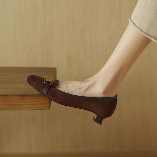 【预售5天】里外全皮！法式复古方头单鞋女粗跟秋季新品棕色通勤羊皮女鞋QQJFG&JZ-1369F 商品图4