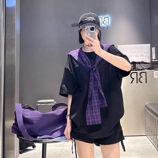 ZC圆领搭格子披肩短袖T恤50701（黑）秋季 153011540321 商品图0