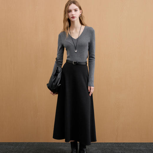 三彩2025冬季新款简约松紧高腰半身裙气质通勤A字裙长裙大摆M 商品图3