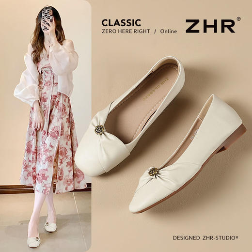 ZHR则则真皮法式山茶花浅口平底单鞋2025新款百搭轻便女鞋一脚蹬 商品图0