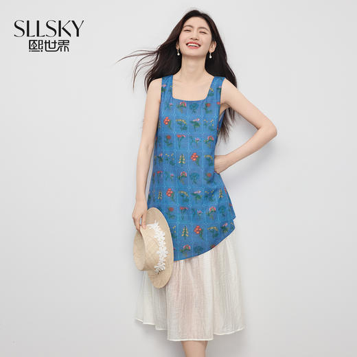 【07/30新品5.5折】熙世界植物印花假两件背心连衣裙女夏季新款法式方领拼接无袖裙子 商品图0