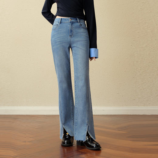 【严选】诗凡黎开叉微喇弹力牛仔裤2025秋新款复古显瘦通勤休闲百搭长裤女7G8151091 商品图0