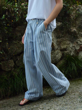 Evistub女装/E-5XCK563/条纹褶裥休闲裤女夏