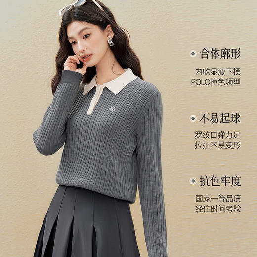 【严选】诗凡黎经典Polo领绞花针织衫2025秋新款修身显瘦休闲百搭长袖上衣7G7332181 商品图3