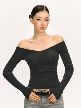 Ariseism 美式复古设计感露肩长袖针织衫女春季新款修身打底上衣