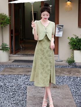 套装【MYBL】8898 77%天丝新中式暗花吊带裙两件套-喜出