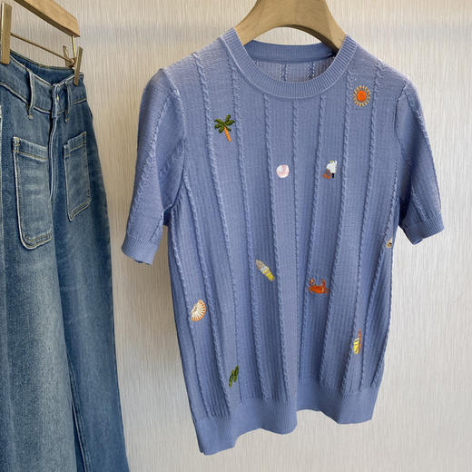 怦然心动的绝！！太好看了，2025度假海滩刺绣细绞花羊毛针织短袖T恤！ 商品图3