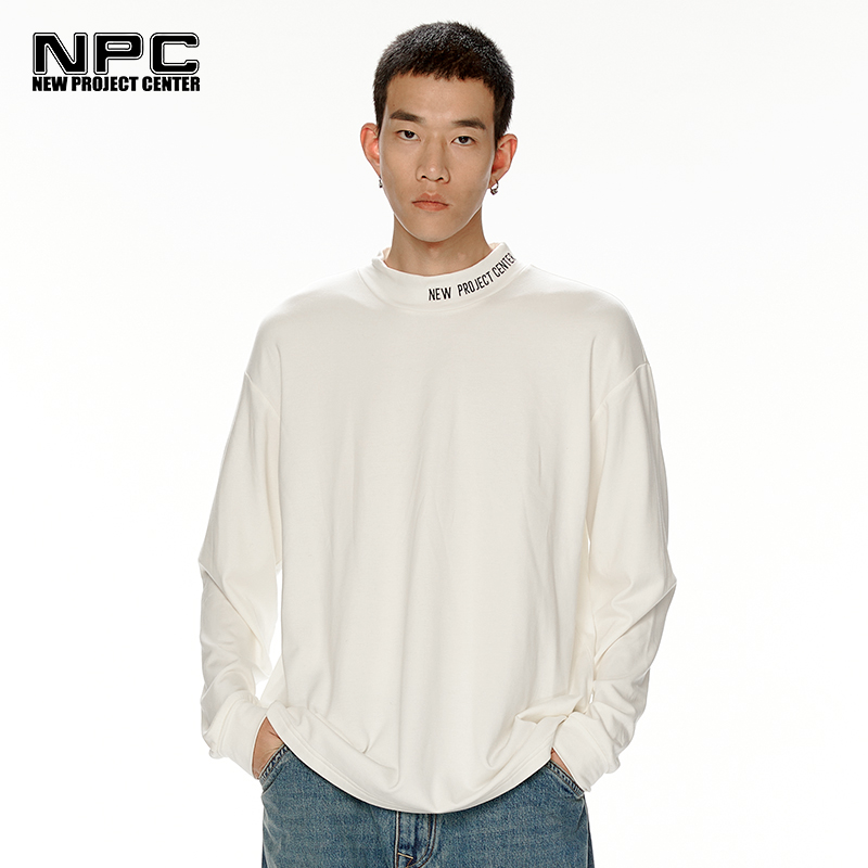 NPC潮牌领口字母LOGO绣花德绒长袖T恤百搭纯色宽松情侣NP28TL21